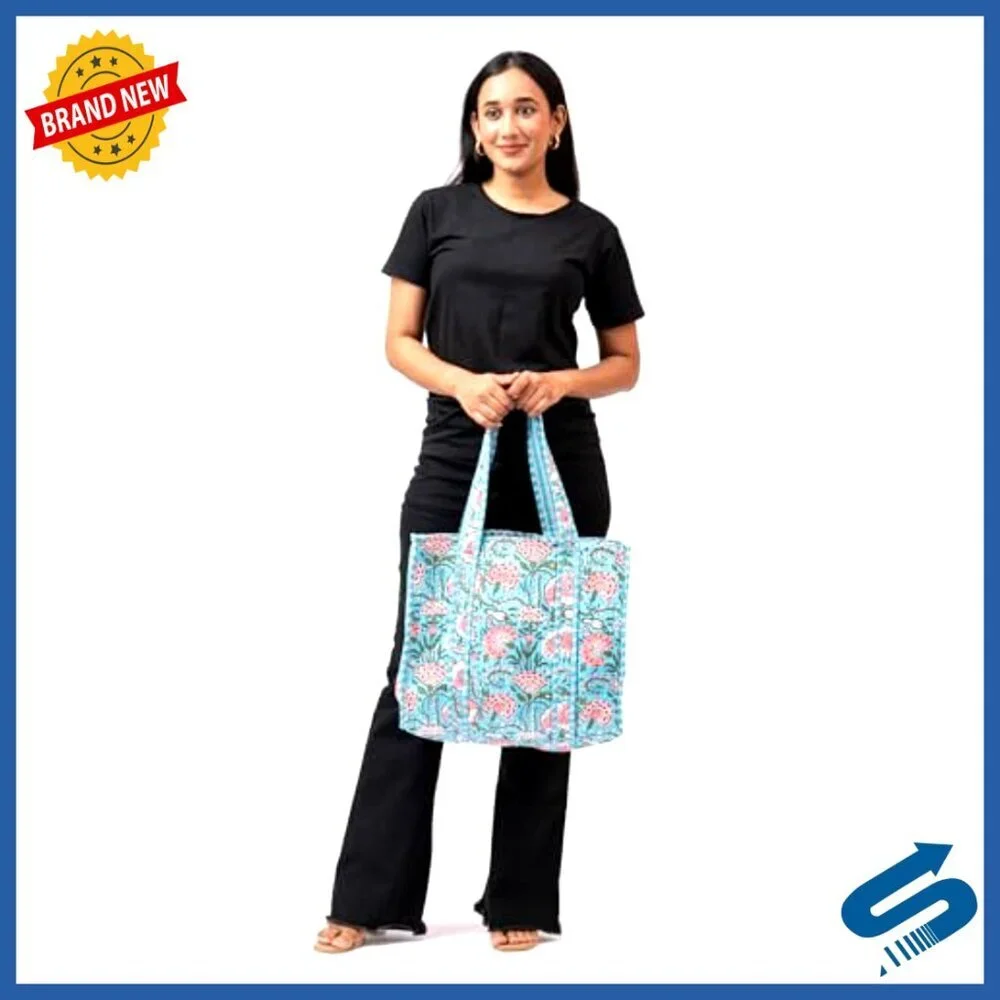 Large Quilted Cotton Tote Bag with Inside Pocket for Travel Shopping
